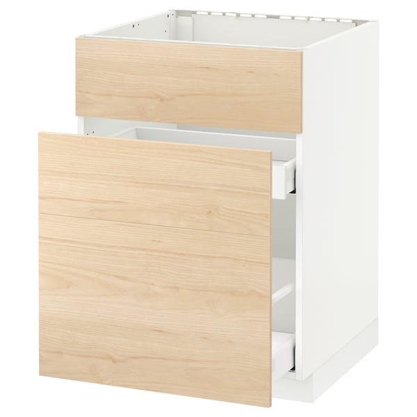 METOD / MAXIMERA base cab f sink+3 fronts/2 drawers, white/Askersund light ash effect, 60x60 cm