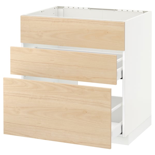 METOD / MAXIMERA base cab f sink+3 fronts/2 drawers, white/Askersund light ash effect, 80x60 cm