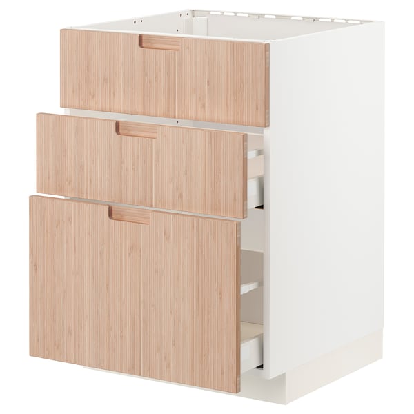 METOD / MAXIMERA base cab f sink+3 fronts/2 drawers, white/Fröjered light bamboo, 60x60 cm