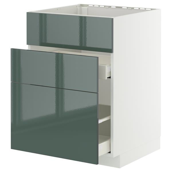 METOD / MAXIMERA base cab f sink+3 fronts/2 drawers, white/Kallarp high-gloss dark grey-green, 60x60 cm