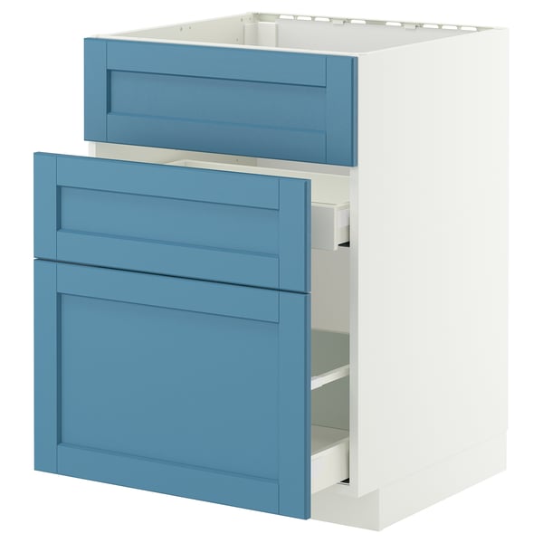 METOD / MAXIMERA base cab f sink+3 fronts/2 drawers, white/Lerhyttan blue, 60x60 cm