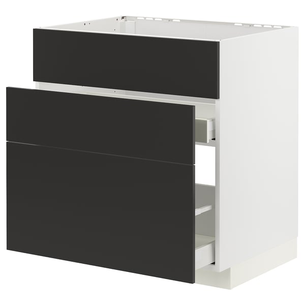 METOD / MAXIMERA base cab f sink+3 fronts/2 drawers, white/Nickebo matt anthracite, 80x60 cm
