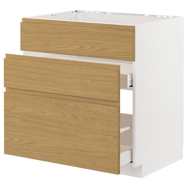 METOD / MAXIMERA - Base cab f sink+3 fronts/2 drawers, white/Voxtorp oak effect, 80x60 cm