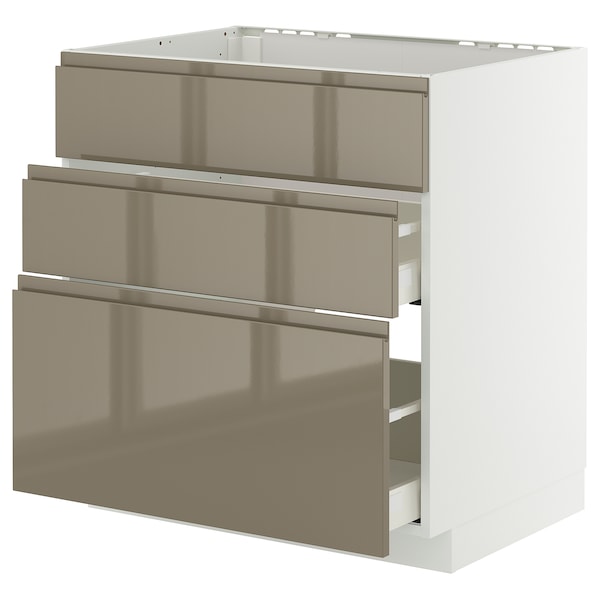 METOD / MAXIMERA base cab f sink+3 fronts/2 drawers, white/Voxtorp high-gloss dark grey-brown, 80x60 cm
