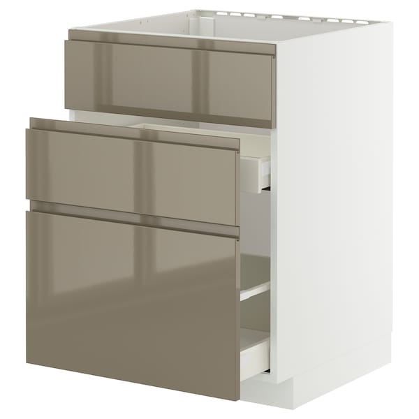 METOD / MAXIMERA base cab f sink+3 fronts/2 drawers, white/Voxtorp high-gloss dark grey-brown, 60x60 cm