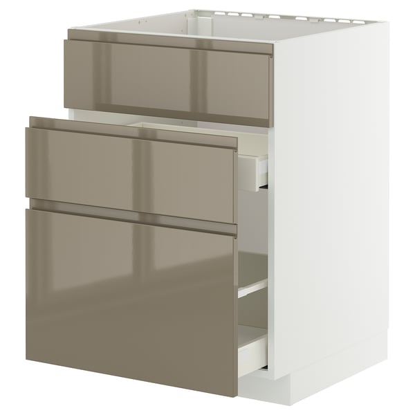 METOD / MAXIMERA base cab f sink+3 fronts/2 drawers, white/Voxtorp high-gloss dark grey-brown, 60x60 cm