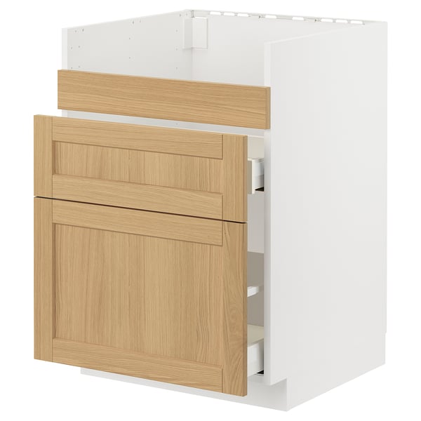 METOD / MAXIMERA base cb f HAVSEN snk/3 frnts/2 drws, white/Forsbacka oak, 60x60 cm