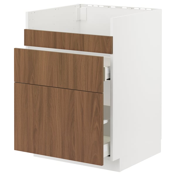 METOD / MAXIMERA base cb f HAVSEN snk/3 frnts/2 drws, white/Tistorp brown walnut effect, 60x60 cm
