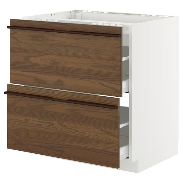 METOD / MAXIMERA base cab f hob/2 fronts/2 drawers, white/Stensta dark brown ash veneer, 80x60 cm
