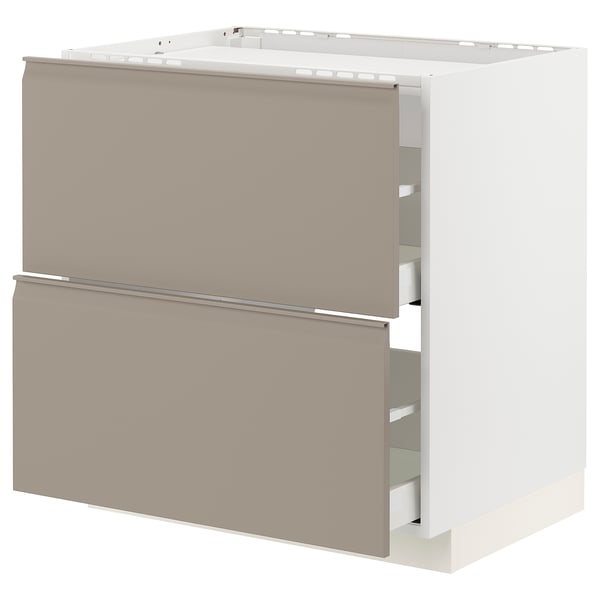 METOD / MAXIMERA base cab f hob/2 fronts/2 drawers, white/Upplöv matt dark beige, 80x60 cm