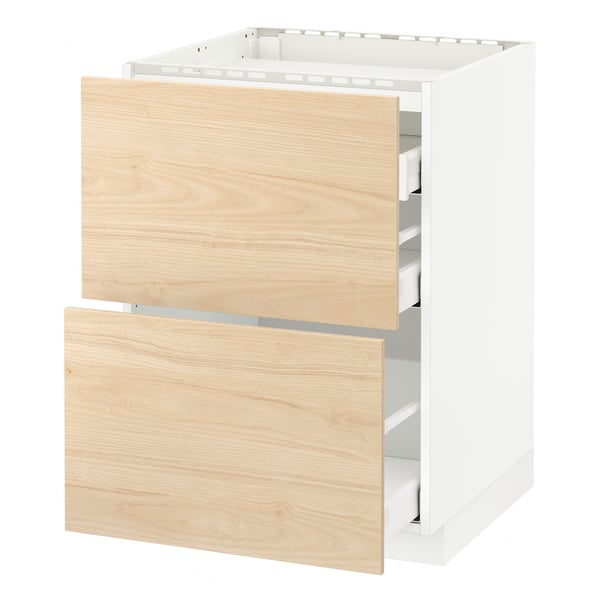 METOD / MAXIMERA base cab f hob/2 fronts/3 drawers, white/Askersund light ash effect, 60x60 cm