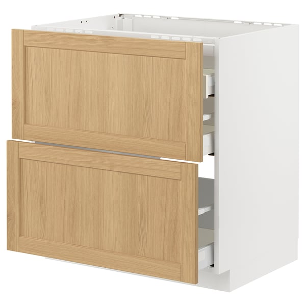 METOD / MAXIMERA base cab f hob/2 fronts/3 drawers, white/Forsbacka oak, 80x60 cm