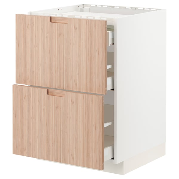 METOD / MAXIMERA base cab f hob/2 fronts/3 drawers, white/Fröjered light bamboo, 60x60 cm