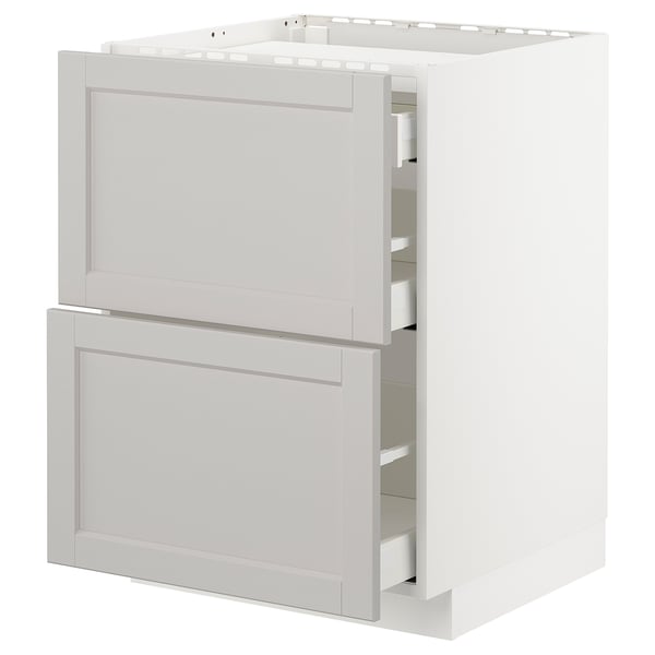 METOD / MAXIMERA base cab f hob/2 fronts/3 drawers, white/Lerhyttan light grey, 60x60 cm