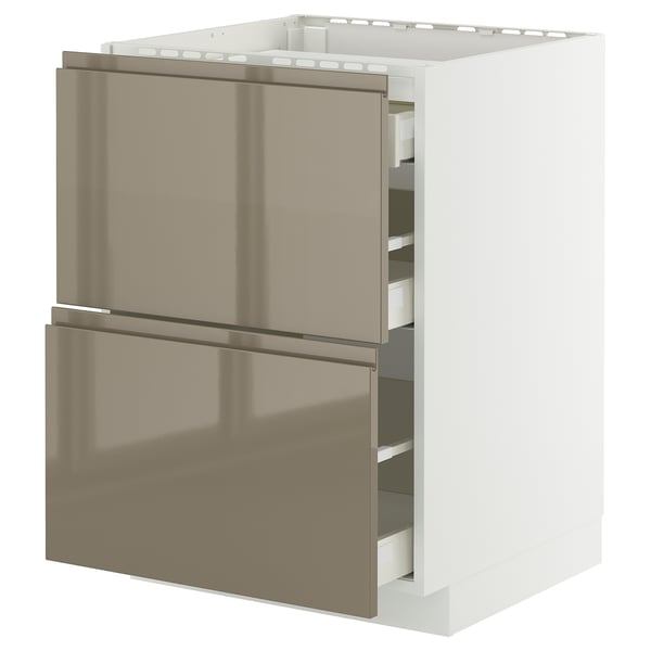 METOD / MAXIMERA base cab f hob/2 fronts/3 drawers, white/Voxtorp high-gloss dark grey-brown, 60x60 cm