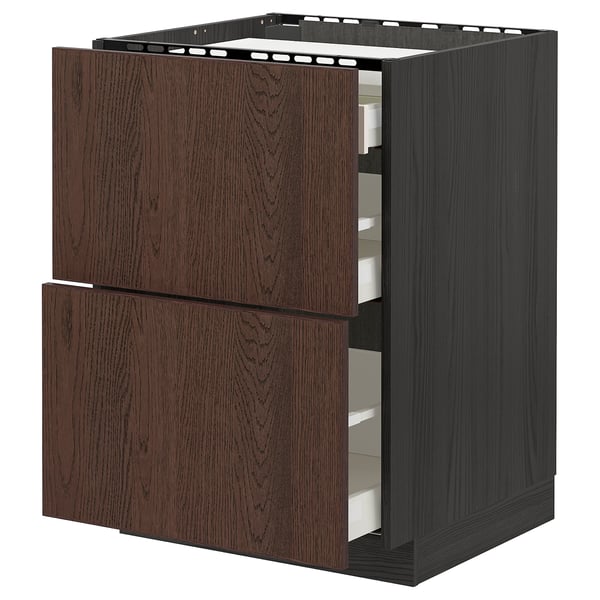 METOD / MAXIMERA base cab f hob/2 fronts/3 drawers, black/Sinarp brown, 60.0x80.0x60.0 cm