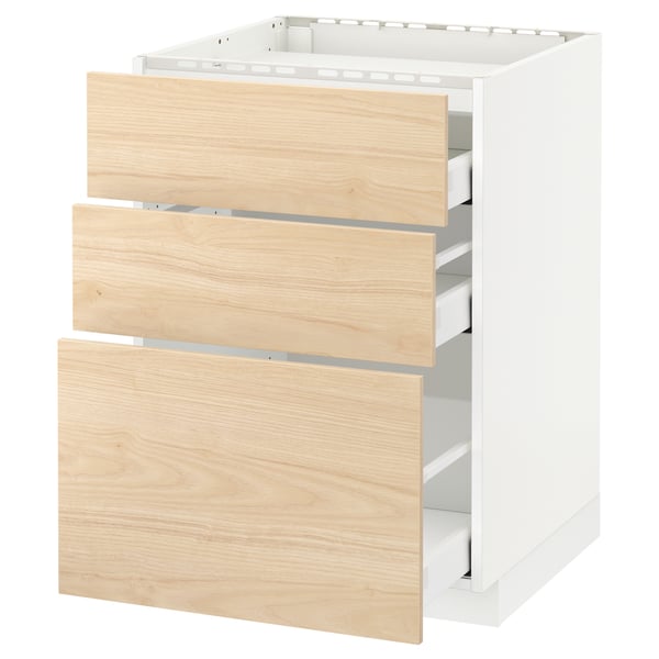 METOD / MAXIMERA base cab f hob/3 fronts/3 drawers, white/Askersund light ash effect, 60x60 cm