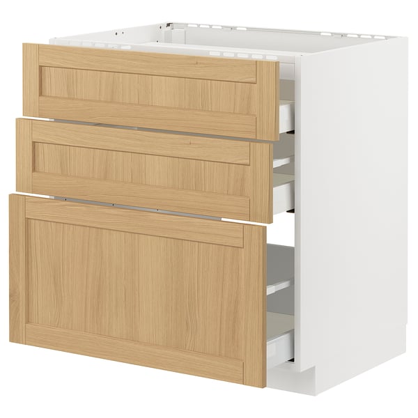 METOD / MAXIMERA base cab f hob/3 fronts/3 drawers, white/Forsbacka oak, 80x60 cm