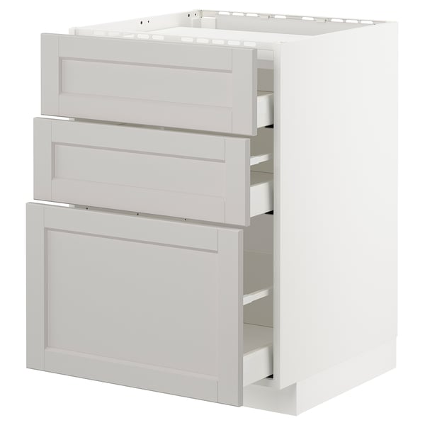 METOD / MAXIMERA base cab f hob/3 fronts/3 drawers, white/Lerhyttan light grey, 60x60 cm