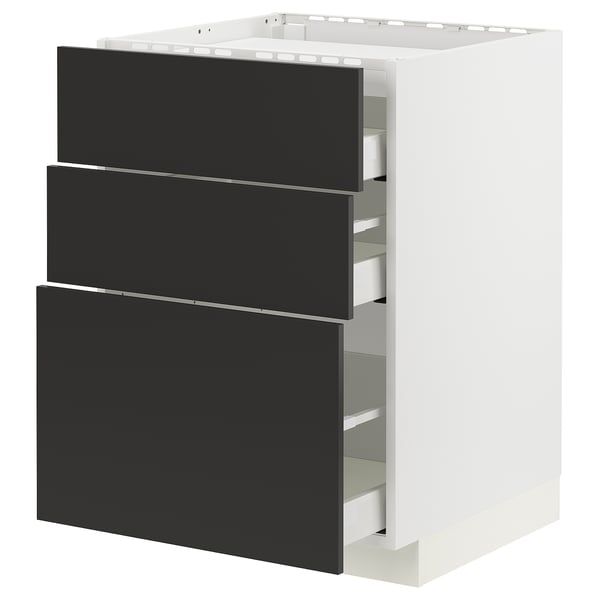 METOD / MAXIMERA base cab f hob/3 fronts/3 drawers, white/Nickebo matt anthracite, 60x60 cm
