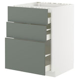 METOD / MAXIMERA base cab f hob/3 fronts/3 drawers, white/Nickebo matt grey-green, 60x60 cm