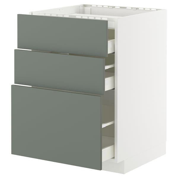 METOD / MAXIMERA base cab f hob/3 fronts/3 drawers, white/Nickebo matt grey-green, 60x60 cm