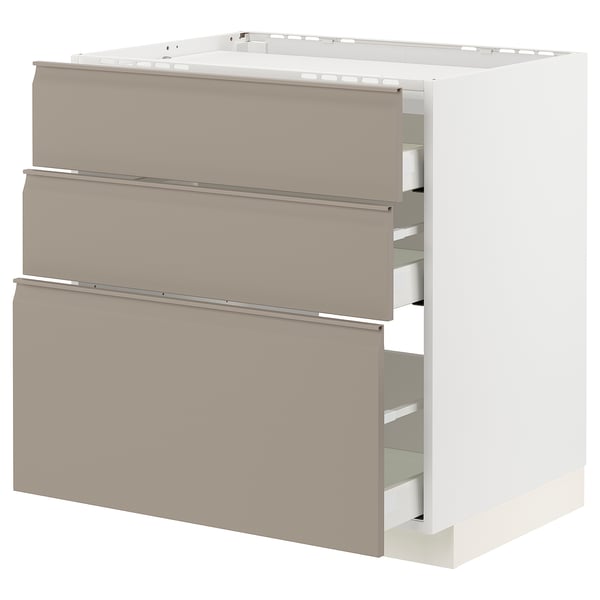 METOD / MAXIMERA base cab f hob/3 fronts/3 drawers, white/Upplöv matt dark beige, 80x60 cm