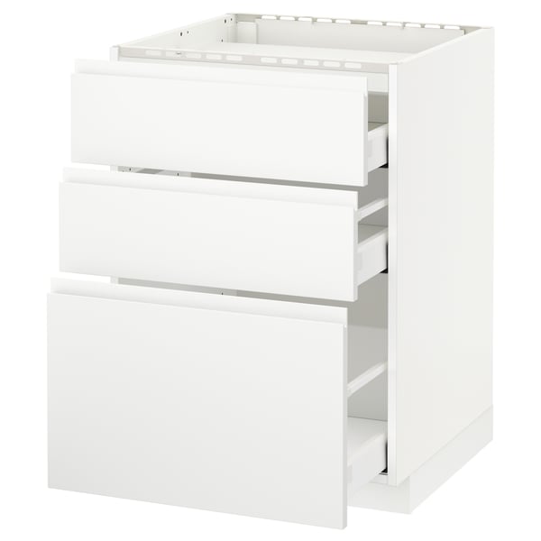 METOD / MAXIMERA base cab f hob/3 fronts/3 drawers, white/Voxtorp matt white, 60x60 cm