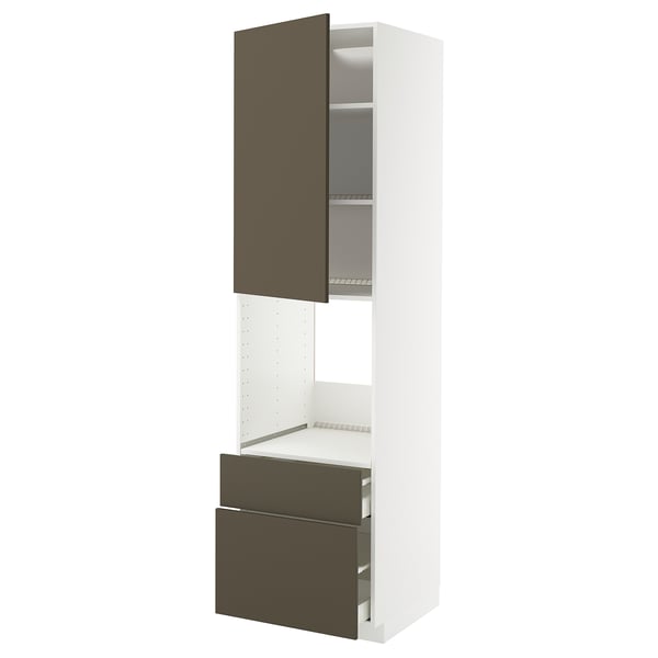 METOD / MAXIMERA high cabinet f oven+door/2 drawers, white/Havstorp brown-beige, 60x60x220 cm