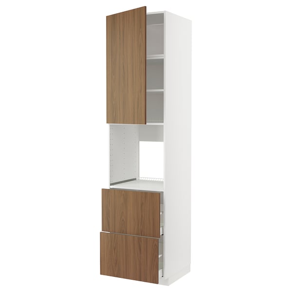 METOD / MAXIMERA high cabinet f oven+door/2 drawers, white/Tistorp brown walnut effect, 60x60x240 cm