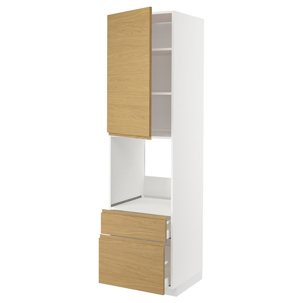 METOD / MAXIMERA - High cabinet f oven+door/2 drawers, white/Voxtorp oak effect, 60x60x220 cm