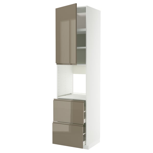METOD / MAXIMERA high cabinet f oven+door/2 drawers, white/Voxtorp high-gloss dark grey-brown, 60x60x240 cm