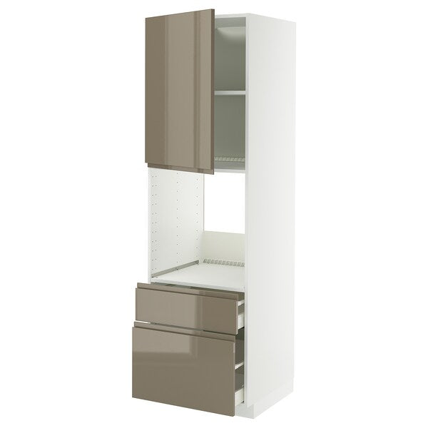 METOD / MAXIMERA high cabinet f oven+door/2 drawers, white/Voxtorp high-gloss dark grey-brown, 60x60x200 cm