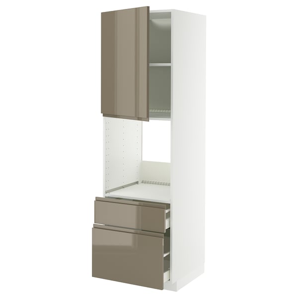 METOD / MAXIMERA high cabinet f oven+door/2 drawers, white/Voxtorp high-gloss dark grey-brown, 60x60x200 cm