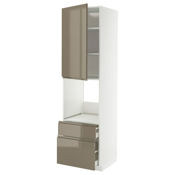 METOD / MAXIMERA high cabinet f oven+door/2 drawers, white/Voxtorp high-gloss dark grey-brown, 60x60x220 cm