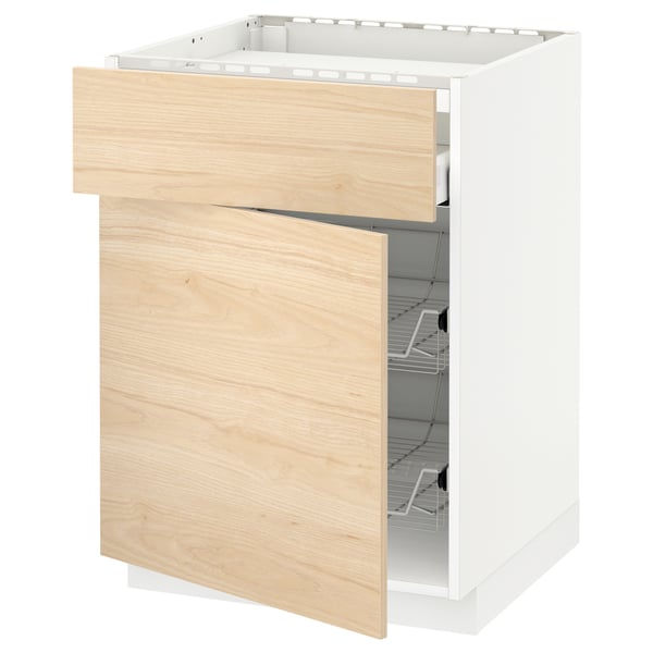 METOD / MAXIMERA base cab f hob/drawer/2 wire bskts, white/Askersund light ash effect, 60x60 cm