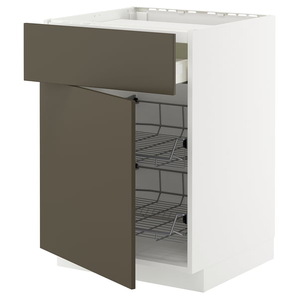 METOD / MAXIMERA base cab f hob/drawer/2 wire bskts, white/Havstorp brown-beige, 60x60 cm