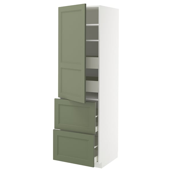 METOD / MAXIMERA hi cab w shlvs/4 drawers/dr/2 frnts, white/Axstad grey-green, 60x60x200 cm