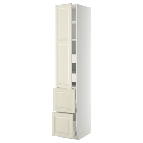 METOD / MAXIMERA hi cab w shlvs/4 drawers/dr/2 frnts, white/Bodbyn off-white, 40x60x220 cm
