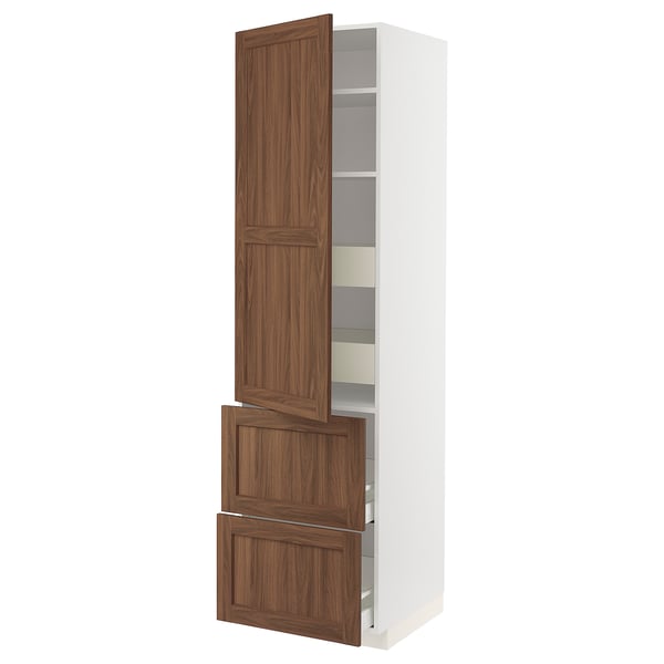 METOD / MAXIMERA hi cab w shlvs/4 drawers/dr/2 frnts, white Enköping/brown walnut effect, 60x60x220 cm