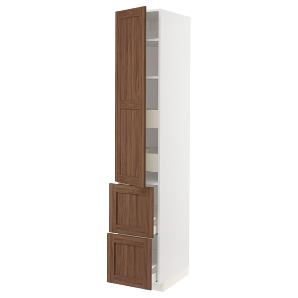 METOD / MAXIMERA hi cab w shlvs/4 drawers/dr/2 frnts, white Enköping/brown walnut effect, 40x60x220 cm