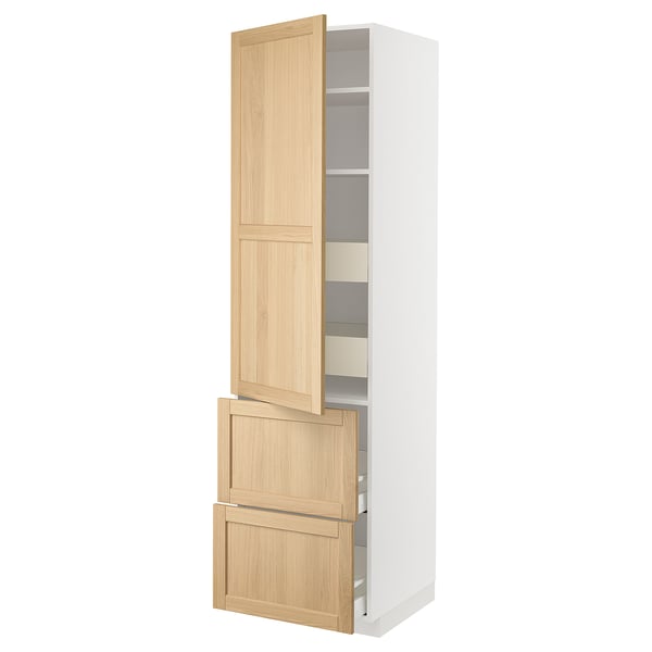 METOD / MAXIMERA hi cab w shlvs/4 drawers/dr/2 frnts, white/Forsbacka oak, 60x60x220 cm
