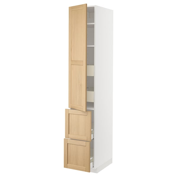 METOD / MAXIMERA hi cab w shlvs/4 drawers/dr/2 frnts, white/Forsbacka oak, 40x60x220 cm