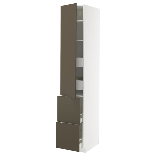 METOD / MAXIMERA hi cab w shlvs/4 drawers/dr/2 frnts, white/Havstorp brown-beige, 40x60x220 cm