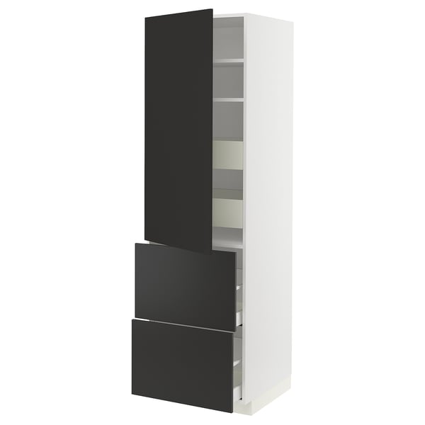 METOD / MAXIMERA hi cab w shlvs/4 drawers/dr/2 frnts, white/Nickebo matt anthracite, 60x60x200 cm