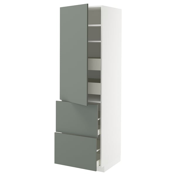 METOD / MAXIMERA hi cab w shlvs/4 drawers/dr/2 frnts, white/Nickebo matt grey-green, 60x60x200 cm