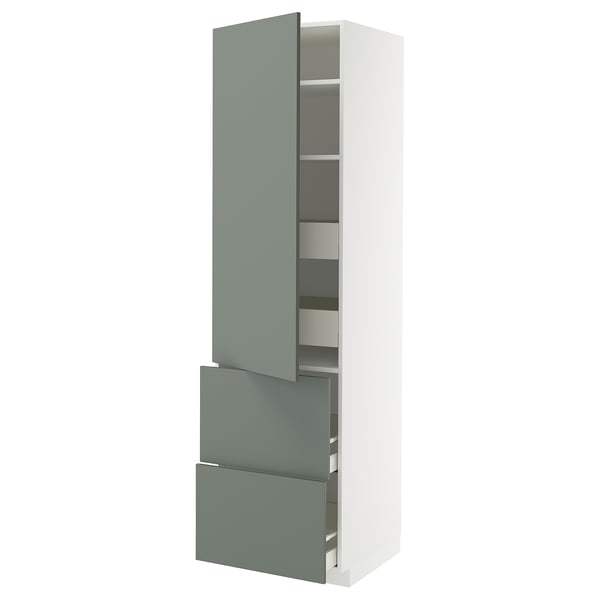 METOD / MAXIMERA hi cab w shlvs/4 drawers/dr/2 frnts, white/Nickebo matt grey-green, 60x60x220 cm