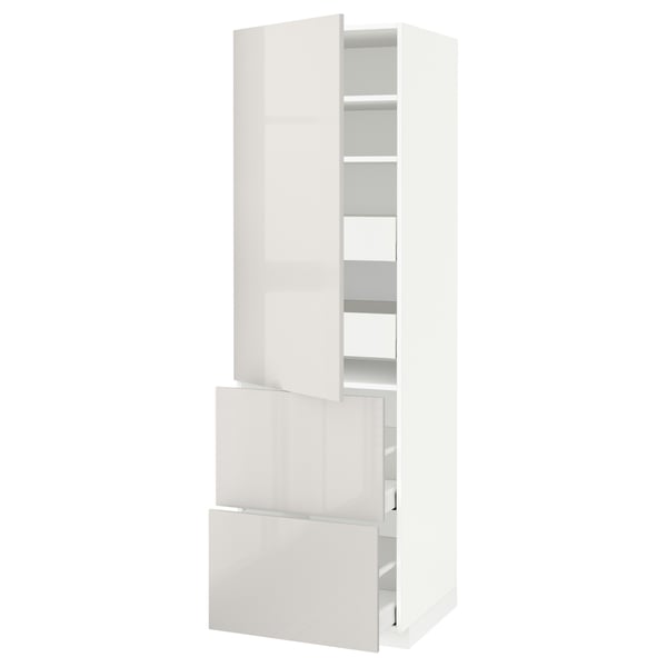METOD / MAXIMERA hi cab w shlvs/4 drawers/dr/2 frnts, white/Ringhult light grey, 60x60x200 cm