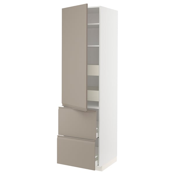 METOD / MAXIMERA hi cab w shlvs/4 drawers/dr/2 frnts, white/Upplöv matt dark beige, 60x60x220 cm