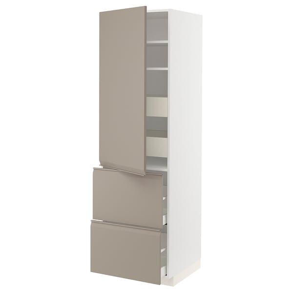 METOD / MAXIMERA hi cab w shlvs/4 drawers/dr/2 frnts, white/Upplöv matt dark beige, 60x60x200 cm